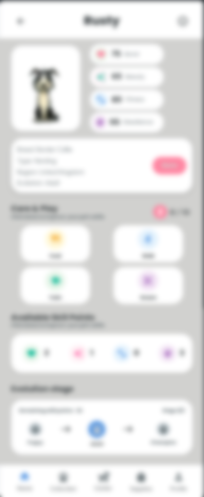 Paw Champions Dog Stats & Care Screen